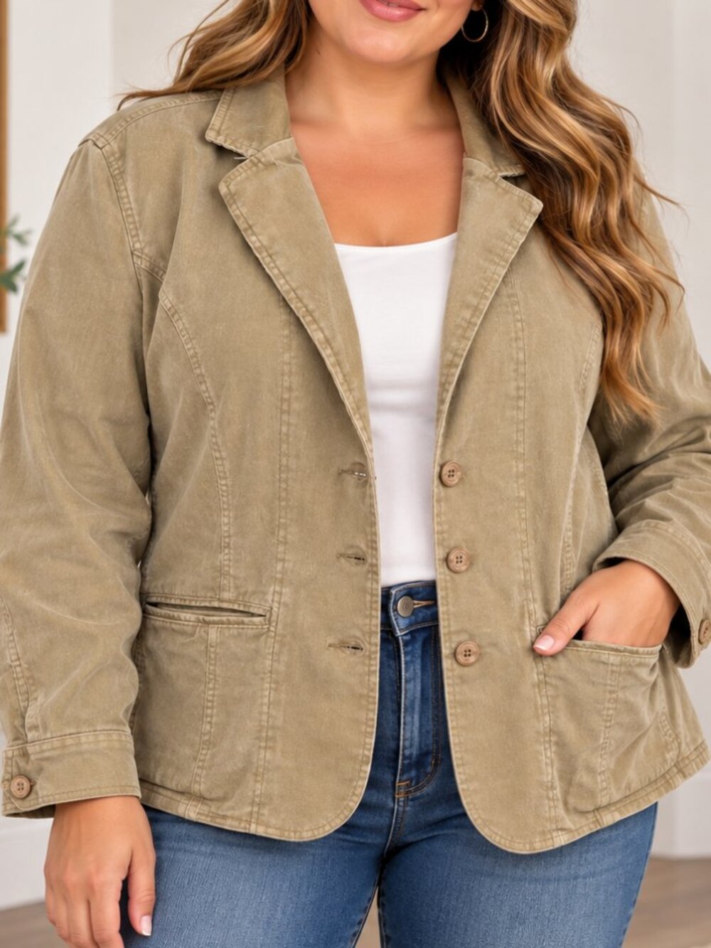 Classic Tan Corduroy Women's Jacket Cottagecore Minimalist Neutral Plus Size 2X